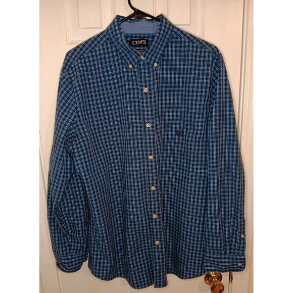 Large Mens Chaps Easy Care Blue Plaid Long Sleeve Button Up Shirt - Picture 1 of 6
